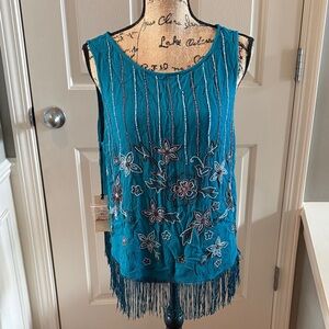 Idyllwind Teal Floral Fringe Blouse